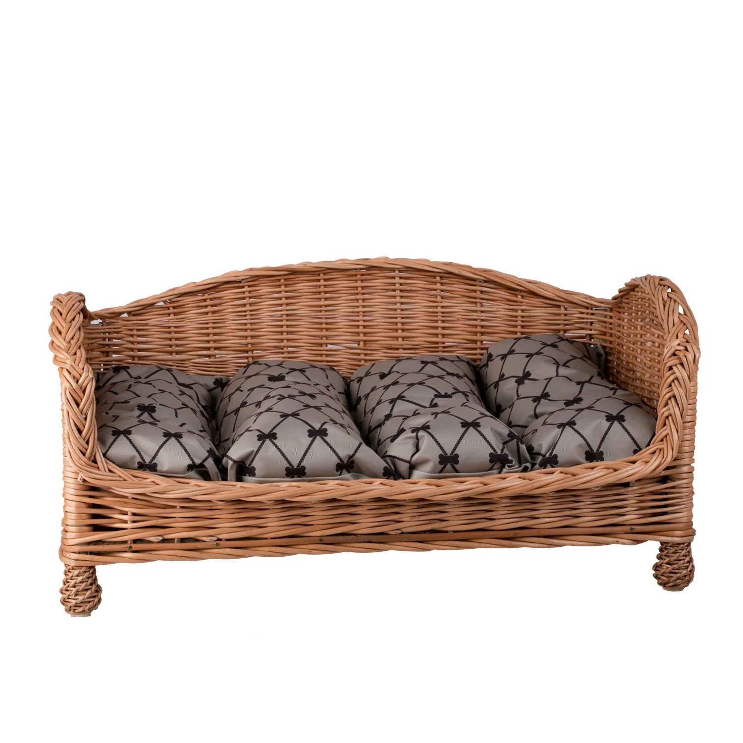 Erivia Wicker Pet Basket With Gray And Black Cushion, 64x42 cm