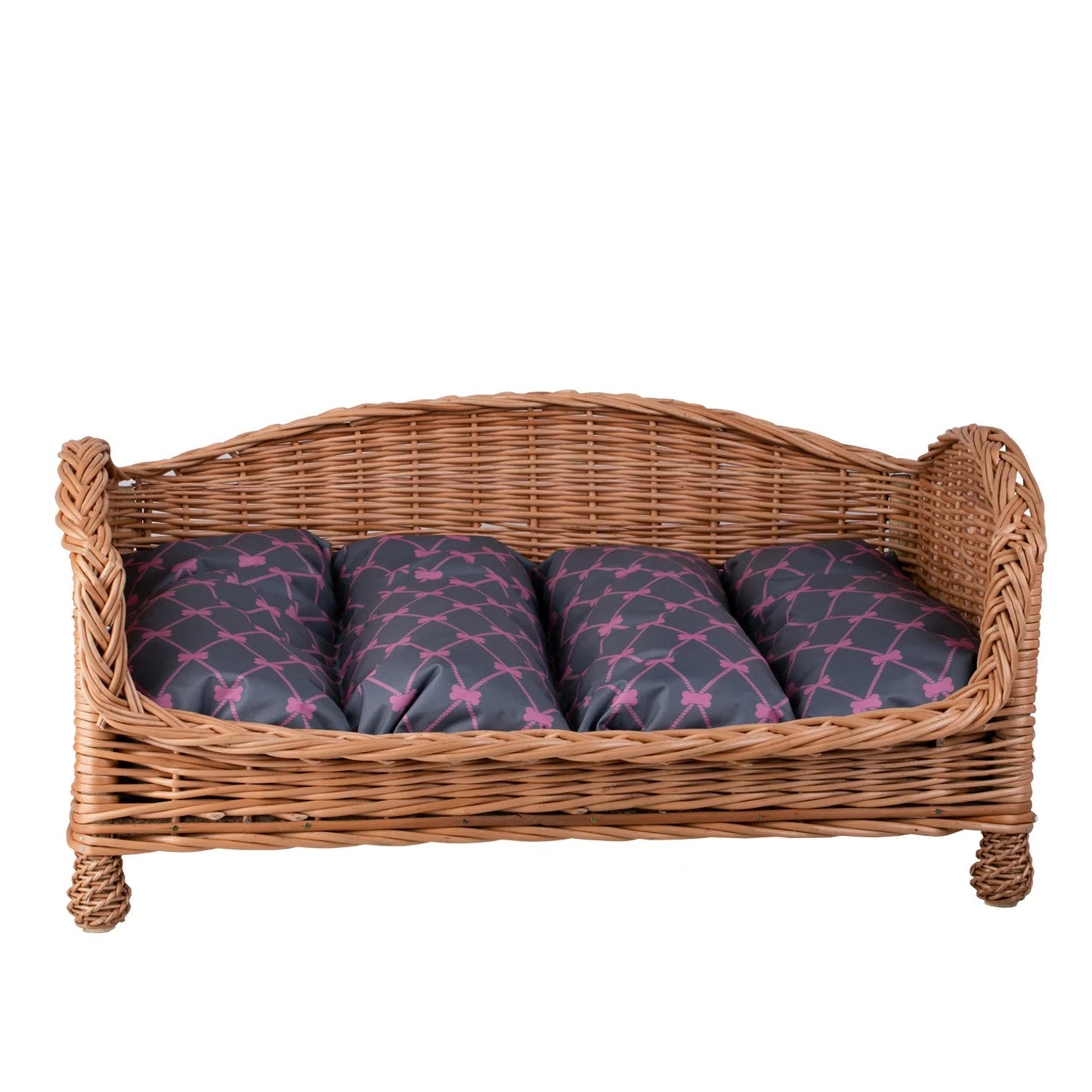 Erivia Wicker Pet Basket With Gray And Pink Cushion, 64x42 cm