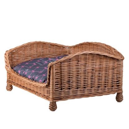 Erivia Wicker Pet Basket With Gray And Pink Cushion, 64x42 cm