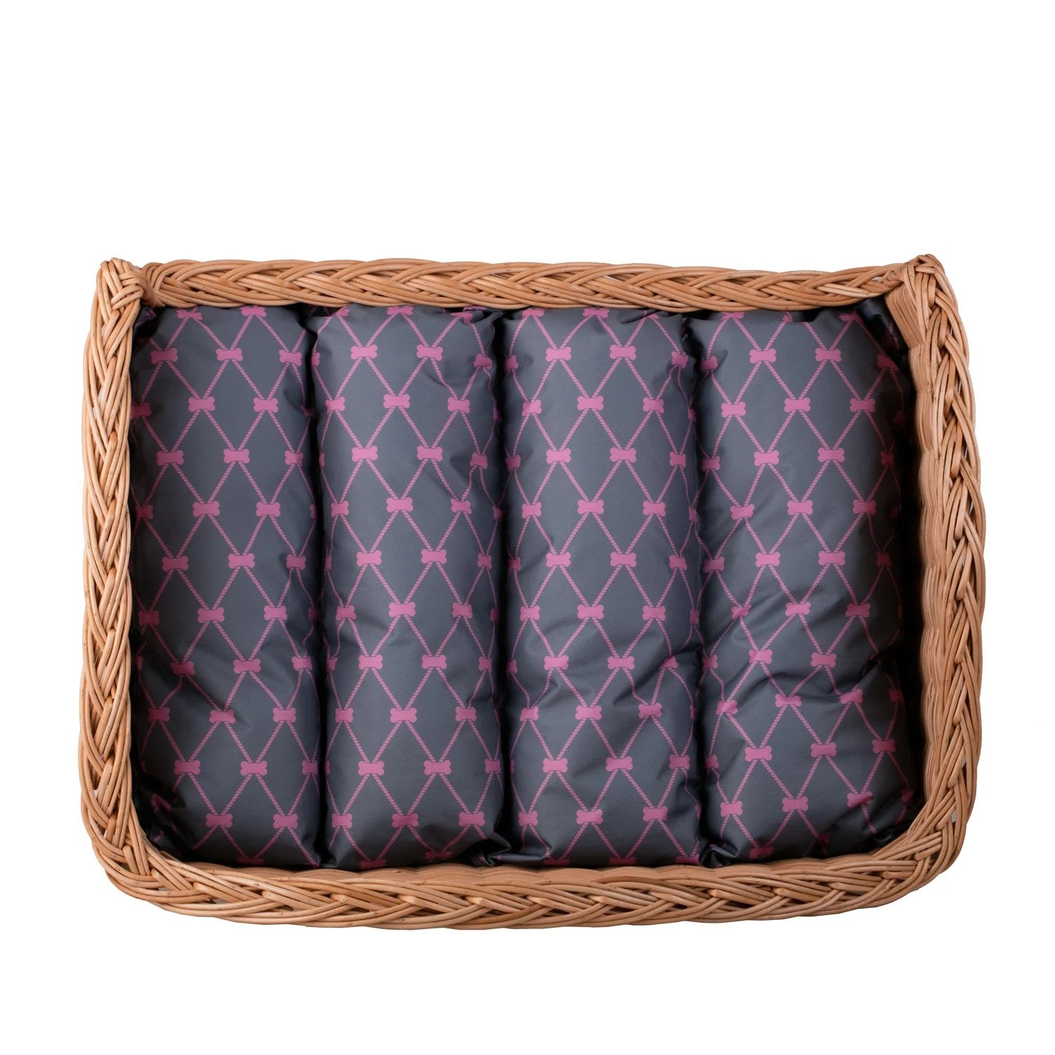 Erivia Wicker Pet Basket With Gray And Pink Cushion, 64x42 cm